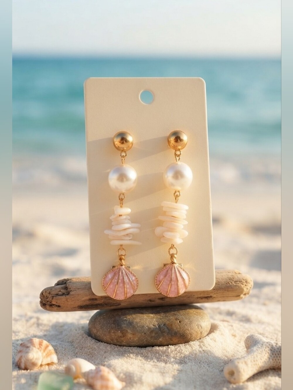 ​Coastal Dreamer Pink Seashell & Faux Pearl Statement Dangle Earrings